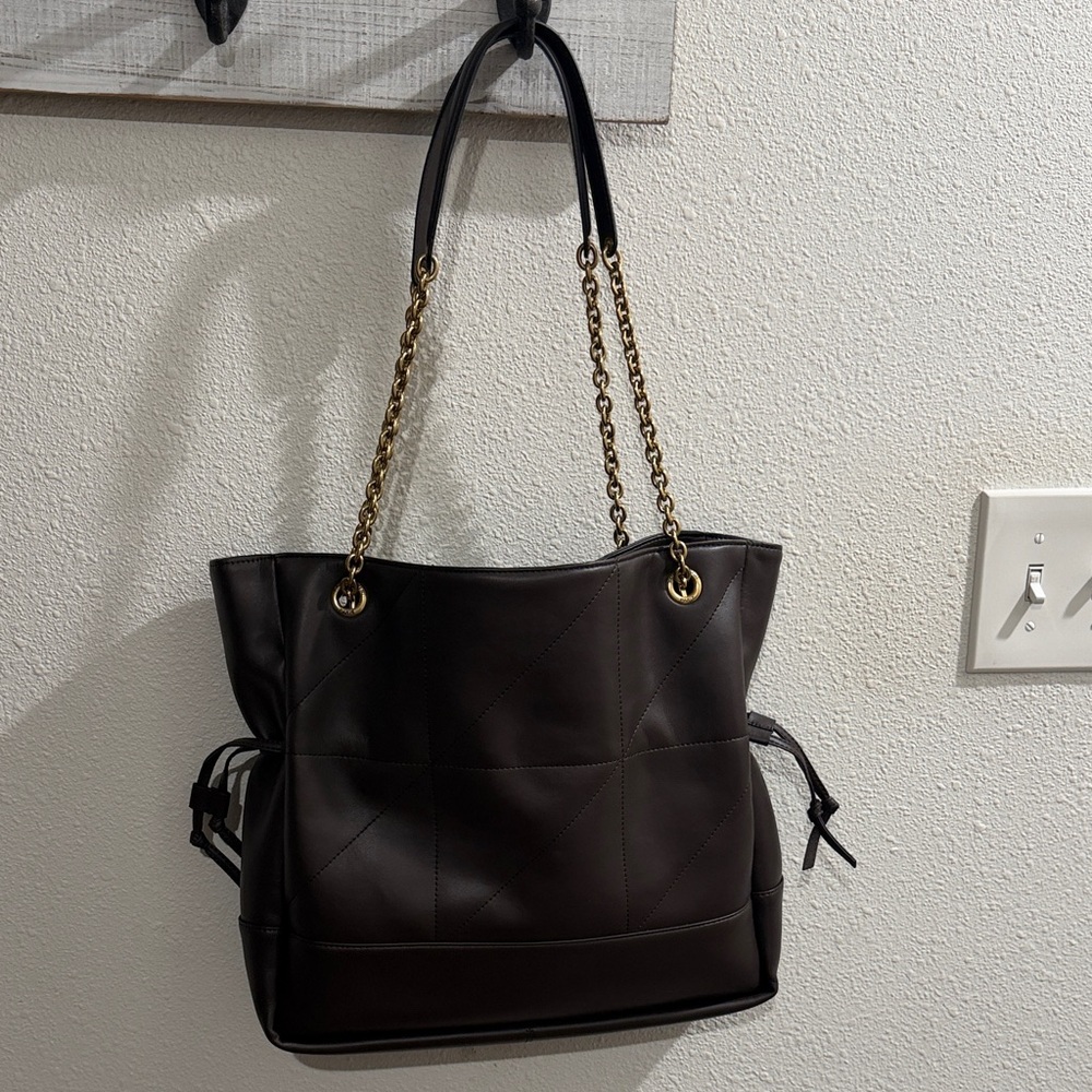 Soft leather Women's Quilted Tote Bag with Chain Handles - Brown